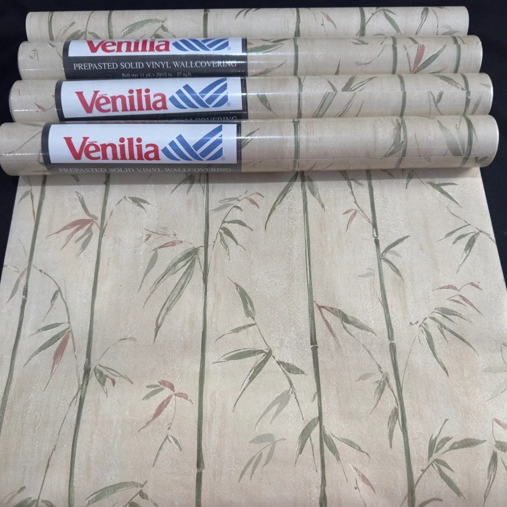 NOS MCM Vintage Venilia Bamboo Vinyl Wallpaper Prepasted Beige Green 4 Rolls